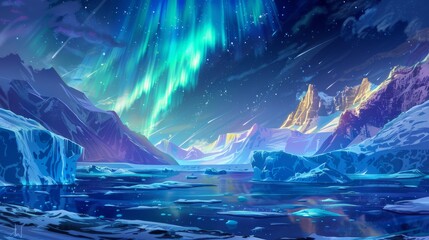 Spectacular northern lights over a polar landscape with icy formations under a starry arctic sky - obrazy, fototapety, plakaty