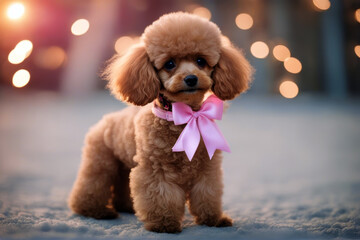 Toy bow pink poodle gold funny cute posing puppy pedigreed furry whelp curly brown breed fluffy miniature friends red apricot muzzle sitting - obrazy, fototapety, plakaty
