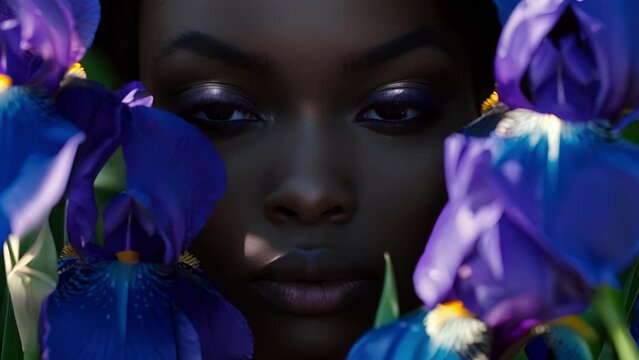 A black woman exudes both grace and strength as she stands amidst a garden of deep blue irises. The dark tones of her skin beautifully contrast with the delicate and ethereal flowers .