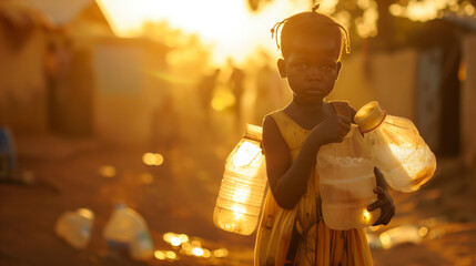 A young black girl holds bottles of clean drinking water in her hands. Drought in Africa. The action takes place in a village