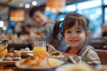 Happy Kid and His Sister Enjoying Buffet Breakfast Together