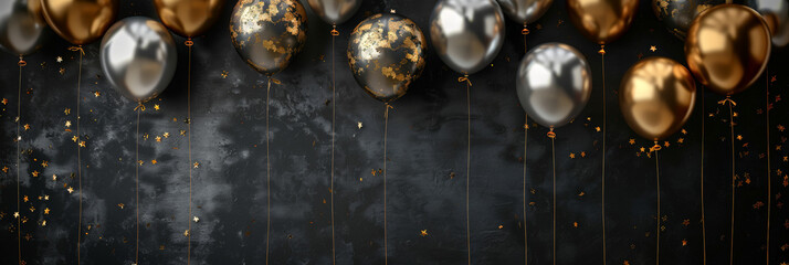 black and gold balloons on black  background, for birthday or party decoration. copy space. banner