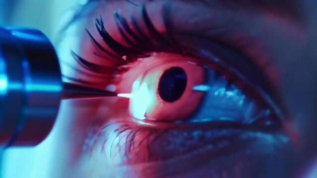 Closeup of a robotic microblade creating tiny incisions in the cornea to reduce pressure and improve vision for patients with glaucoma. .