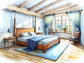 a sketch of a modern style bedroom