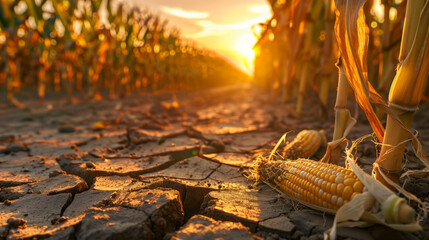 Naklejka premium A spoiled corn cob in close-up. A dry cornfield with the setting sun. The corn stalks are tall, and the ground is dry and cracked.