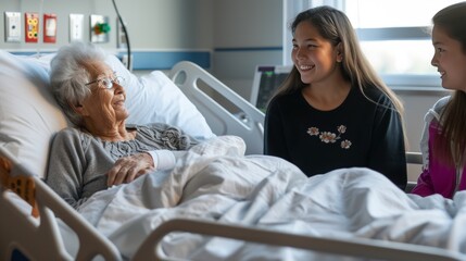 A patient lying in bed in a hospital room chatting with families.