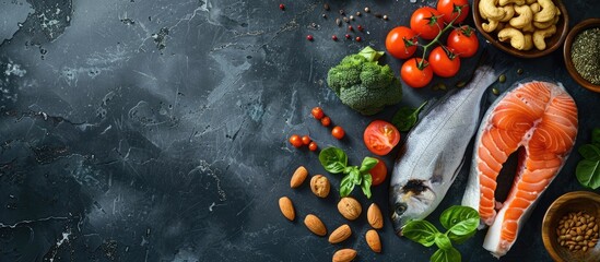 Food sources of omega 3 and healthy fats displayed on a dark background from a top-down perspective, with space for additional content. Included are vegetables, seafood, nuts, and seeds. - obrazy, fototapety, plakaty