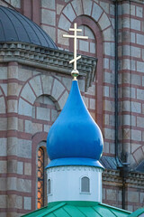 Gold Cross at Blue Dome Tower Russian Orthodox Church in Belgrade Serbia