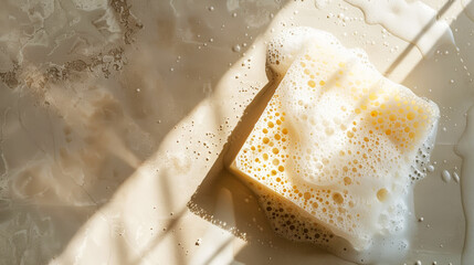 Top view of white sponge with soft soap foam on light kitchen backdrop. Housekeeping aesthetic concept. Generative AI