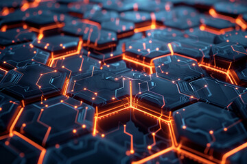 Obraz premium 3D rendered futuristic digital background, a complex network of illuminated hexagons and dynamic circuitry