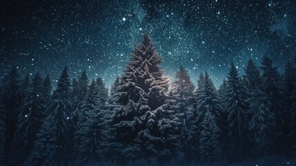 Christmas tree in the snow at night with a sky of stars.AI generated image