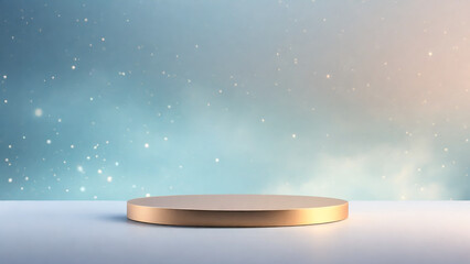 single round golden podium on the snow mist light blue bokeh backdrop for product display.
