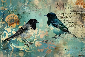 Two collage bird designs in blue and green with decorative text and calligraphic motif in the background .