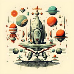 Retro Sci-Fi: Vintage-inspired sci-fi illustrations with rockets and aliens