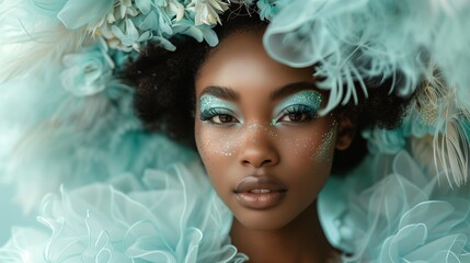 Portrait of glamorous female African American model posing in designer mint dress on a studio - 789179264