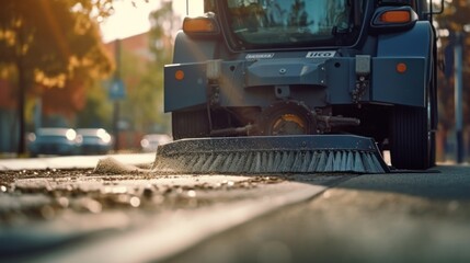 Close-up of a cleaning car sweeping the street.AI generated image