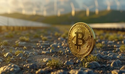 Gold coin bitcoin on a green field against the sky and solar panels. Eco mining concept - 789179414