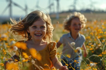 Group of smiling children walking on the field near wind turbines. AI Generated - 789179430