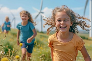 Group of smiling children walking on the field near wind turbines. AI Generated - 789179436