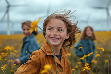 Group of smiling children walking on the field near wind turbines. AI Generated - 789179437
