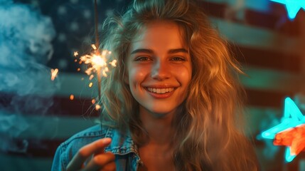 Young woman celebrating american independence by burning fire sparkles. Female playing with fire sparkles with the american flag in the background. - 789179462