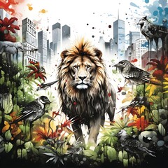 Urban Jungle: Graffiti-style wild animals amidst an urban jungle backdrop
