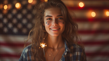 Young woman celebrating american independence by burning fire sparkles. Female playing with fire sparkles with the american flag in the background. - 789179484