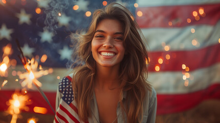 Young woman celebrating american independence by burning fire sparkles. Female playing with fire sparkles with the american flag in the background.