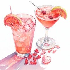 Pink and red cocktails with heart shaped ice cubes and a slice of lemon and orange.