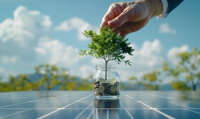 Close-up of a hand holding a jar of coins from which a tree grows at the solar panels