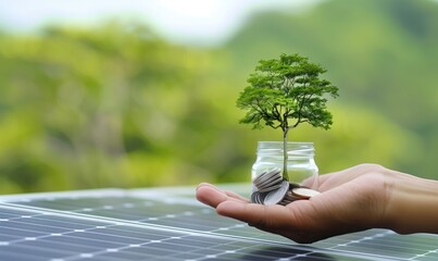 Close-up of a hand holding a jar of coins from which a tree grows at the solar panels - 789179610