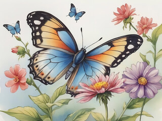 Beautiful colored butterflies cling to flowers. illustration vector, Isolate background