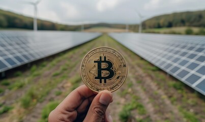 Close-up of a hand holding a bitcoin at the solar panels, concept of cryptocurrency investments in ecological energy - 789179616