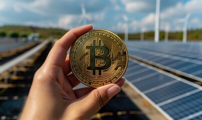 Close-up of a hand holding a bitcoin at the solar panels, concept of cryptocurrency investments in ecological energy - 789179630