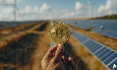 Close-up of a hand holding a bitcoin at the solar panels, concept of cryptocurrency investments in ecological energy - 789179649