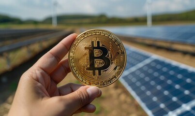 Close-up of a hand holding a bitcoin at the solar panels, concept of cryptocurrency investments in ecological energy