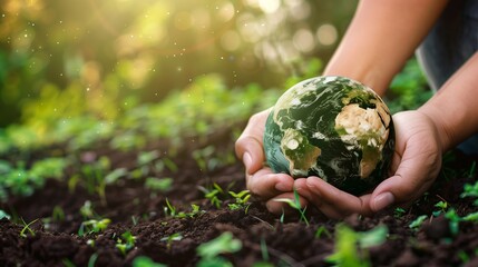 Hands holding the planet earth near the ground from which small seedlings grow - 789179657