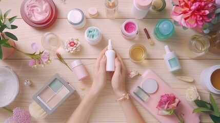 Showcase a social media influencer's hands arranging a selection of skincare products for a beauty flat lay, emphasizing skincare routines and product recommendations,