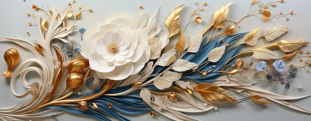 Elegant Cream Floral Sculpture on Wavy Marble Wall Art. - obrazy, fototapety, plakaty