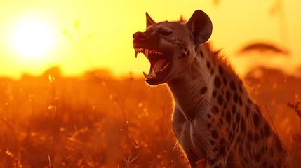 Wandcirkels aluminium A spotted hyena laughing in the glow of the evening sun on the savannah © Color Crafts