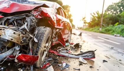 Two cars collide in minor accident during the day, crashing together on the road - obrazy, fototapety, plakaty