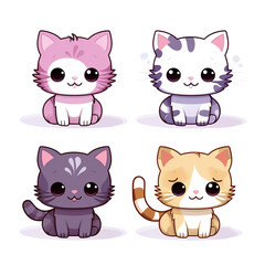 set of 4 kawaii kitten, cat doodles, kitten icons printable clipart on white background сreated with Generative Ai
