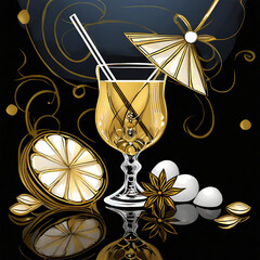 Cocktail glass with yellow drink, straw, umbrella, orange writing, fresh anise; gold with black background.