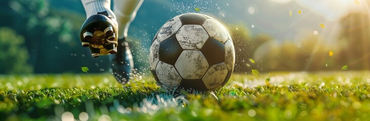 Person Kicking Soccer Ball in Grass - obrazy, fototapety, plakaty