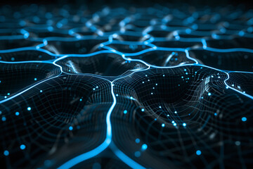 A 3D rendering of a futuristic AI system, with glowing blue lines and dots forming an advanced neural network The background is a deep black, enhancing the complexity and depth of the AI struct 