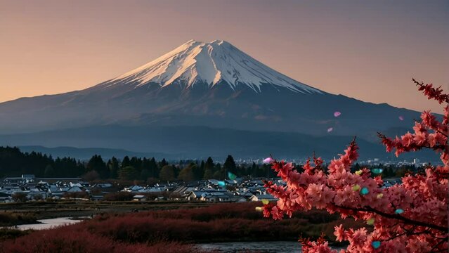 Spring scenery with beautiful cherry blossom trees and butterflies dancing by the lake, with Mt. Fuji in the background Seamless looping 4k time-lapse animation video background