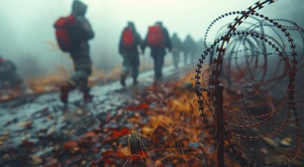 Group of People Walking Alongside Barbed Wire Fence