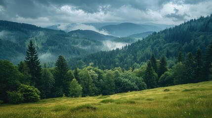 Fototapeta na wymiar scenery with meadow and green trees in front of primeval beech forest. beautiful landscape of carpathian mountains on an overcast day in summer