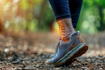 Female runner injures calf muscle, sprains ligament on dirt path, foot with orange bone