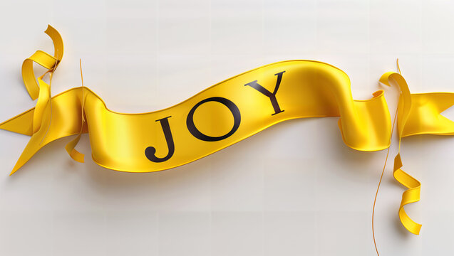 The word "JOY" on a yellow banner resembling a flag with textured fabric.